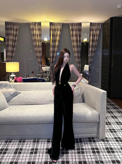 Vintage Luxury High-end Black Jumpsuits Metal Button Slim Sexy V-neck Hang Neck One-piece Pants Women Party Dresses Backless New