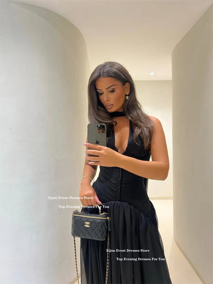 Xijun Modern Chiffon Long Evening Dresses Halter Sleeveless A-Line Prom Dresses V-Neck Formal Occasion Prom Gowns Customized