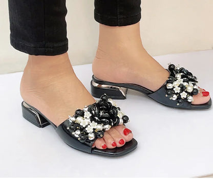 Women Purple Block Heels 3cm Slippers To Match Shoes And Bag Crystal Flowers High Heeled Slides For Summer Fashionable Shoes 43