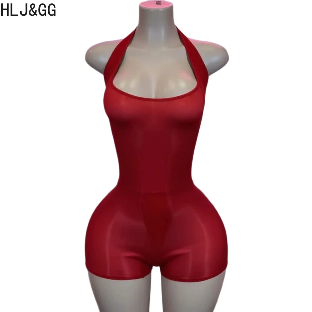 HLJ&GG Sexy Mesh See Though Halter Bodycon One Piece Rompers Women Sleeveless Backless Slim Jumpsuits Fashion Stretchy Overalls