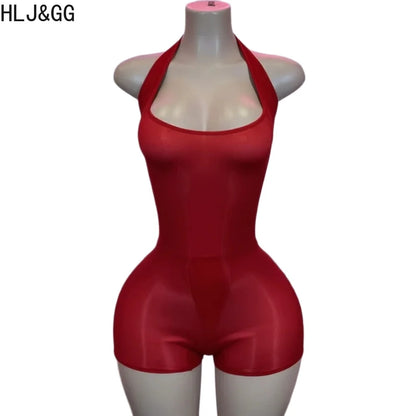 HLJ&GG Sexy Mesh See Though Halter Bodycon One Piece Rompers Women Sleeveless Backless Slim Jumpsuits Fashion Stretchy Overalls
