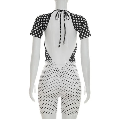 FLARORA Trend Color Blocking Rompers Woman Polka Dot Print Halter Bandage Backless Peach Hip Playsuits Sexy Midnight Streetwear