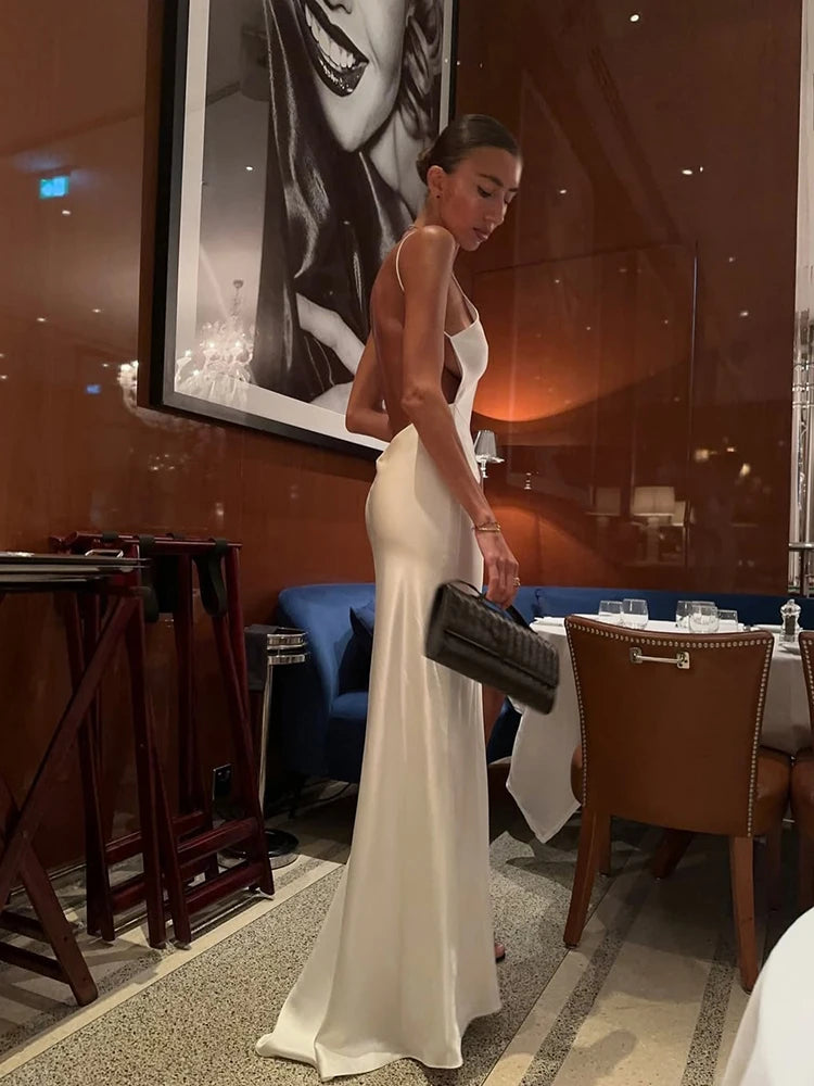 Luxury White Satin Backless Veatido Women Sexy Spaghetti Strap V-neck High Split Midi Dress Vacation Evening Party Beach Outfits
