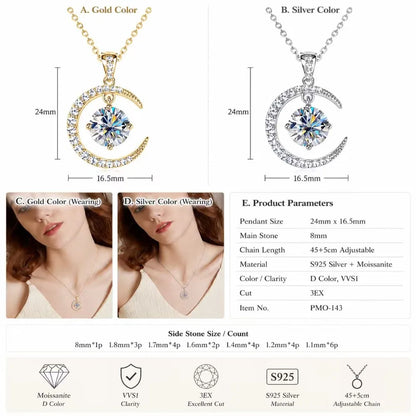 S925 Sterling Silver Moissanite Crescent Moon Necklace Dancing Stone Pendant Gold Silver Tone Fine Jewelry Gift for Women