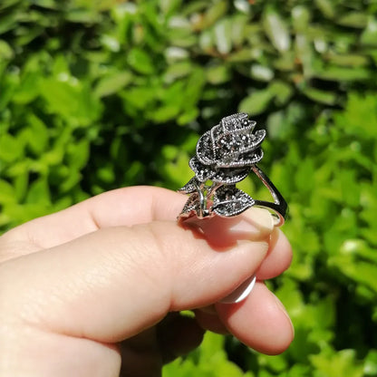 Ajojewel Black Rhinestone Rose Flower Necklace Ring And Earring Set For Women Vintage Jewelry Nice Gifts For Girlfriend