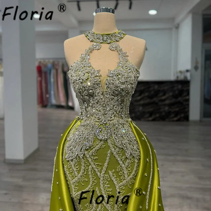 Luxury Beaded Crystal Evening Dress with Overskirt Sleeveless Green Mermaid Formal Occasion Gowns Customized Robe de soiree 2025