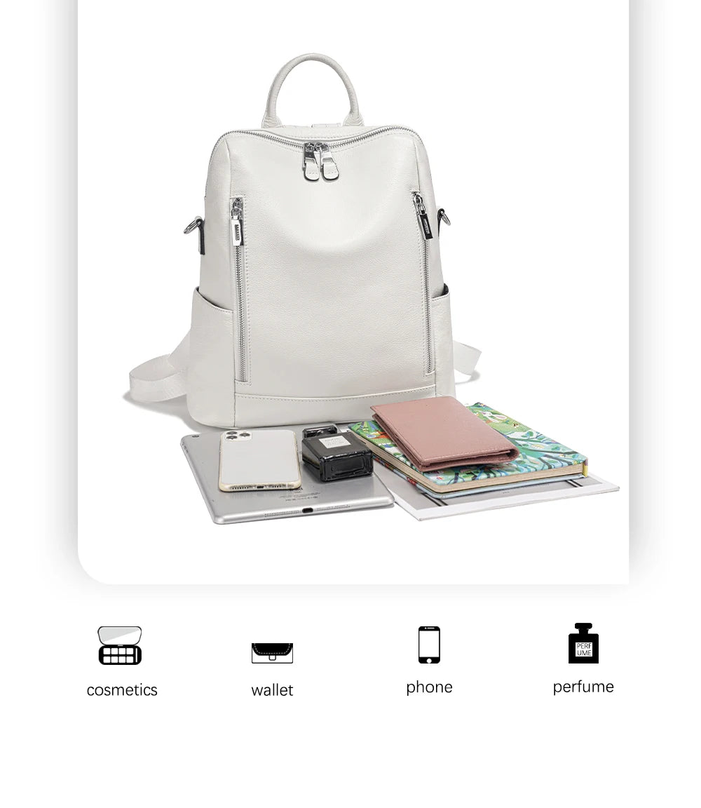Zency Fashion Genuine Leather Backpack Knapsack Multi-pocket Day Pack Travel Convertible Shoulder Bag for Fall Winter Commuter