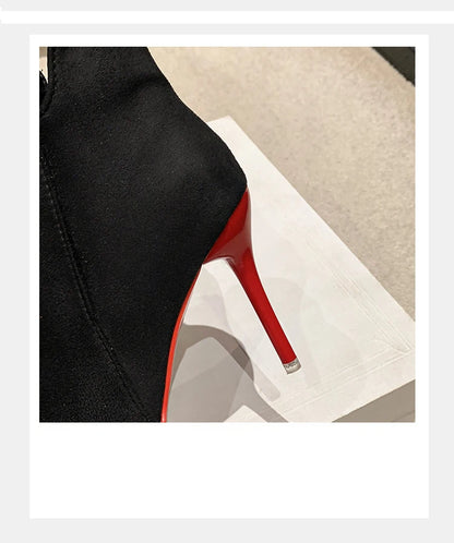 Aphixta 10cm Stilettos Winter Red Heels Zip Warm Black Ankle Boots Women Flock Footwear Shoes Women Super Big Size 47 48 49 50