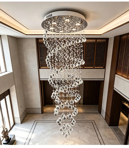 Modern Luxury Spiral Crystal Ceiling Fixture Long Cascading Crystal Design for Duplex Stairwell High Ceiling Home Lighting