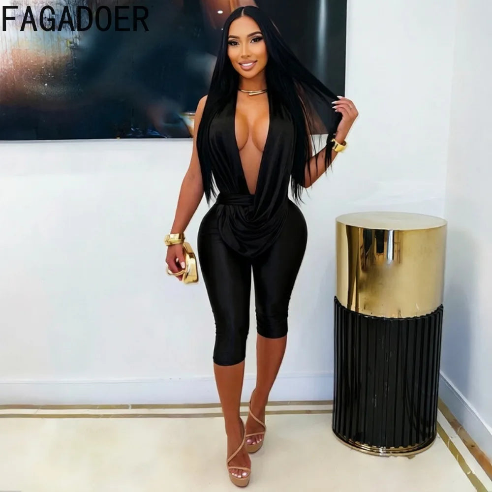 FAGADOER Sexy Deep V Draped Halter Rompers Fashion Patchwork Back Lace‑Up Hollow Out Bodycon Jumpsuits Night Club Playsuits New