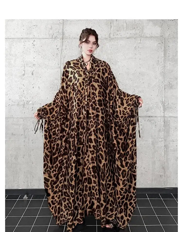 Leopard Print Loose Bat-sleeve Dress Women Summer Stand-up Collar Tie-waist Oversize Slimming Casual Long Dress XY420