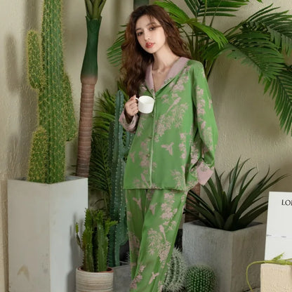 Women Pajamas Set Large Collar Green Cardigan Home Wear Two-Piece Long-Sleeved Outside Ladies Ice Silk Sleepwear Spring Autumn
