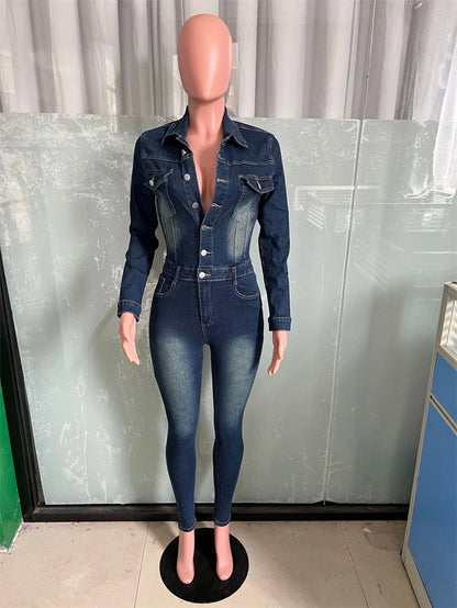 Streetwear Jean Jumpsuits Fall Clothes Women Full Sleeve Bodycon Pencil Pants Denim Rompers Playsuits One Pieces Overalls Outfit