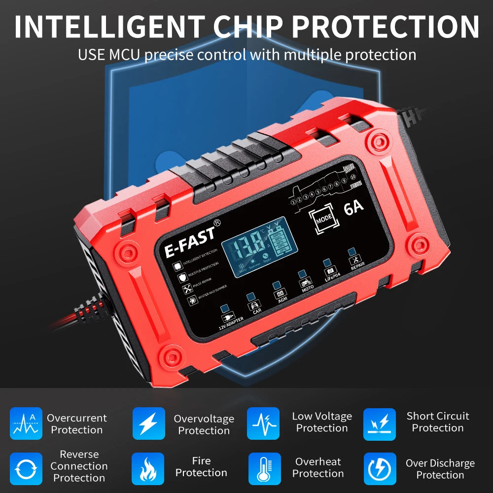 Smart 12V 6A Battery Charger For AGM LiFePO4 Cars Motorcycles Lawn Mowers