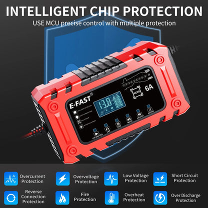 Smart 12V 6A Battery Charger For AGM LiFePO4 Cars Motorcycles Lawn Mowers
