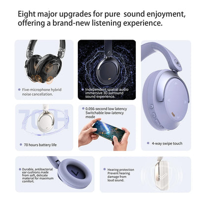 Hybrid ANC Over-Ear Bluetooth Headphones, Spatial Audio 3D Surround Sound Low Latency Gaming Headset with 70H Playback, Mics Noise Canceling Wireless Headphones with Touch Control & Hearing Protection
