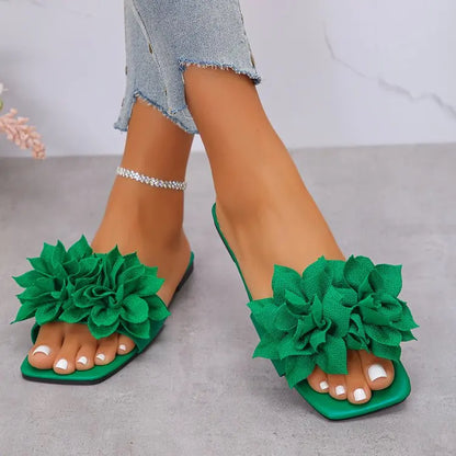 Women Flat Slippers 2026 Summer New Solid Color Sandals Flowers Open Toes Slippers Casual Fashionable Beach Shoes Slides Women