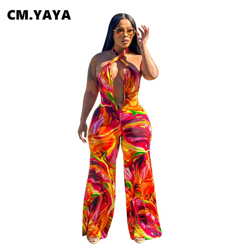 CM.YAYA Women Wide Leg V-neck Halter Sleeveless Print Jumpsuits 2024 Summer Night Club Street Playsuit One Piece Suit Rompers
