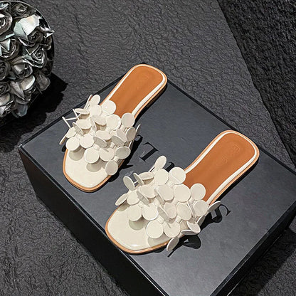 Luxury Floral Petal Flat Sandals Women 2025 Casual Slides Open Toe Sandalias Mujer Flipflops Home Slippers Femme Pantuflas Shoes