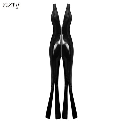 Women Glossy PU Flared Jumpsuit Deep V Neck Double-ended Zipper Split Bell Bottom Sleeveless Unitard Rompers Rave Party Clubwear