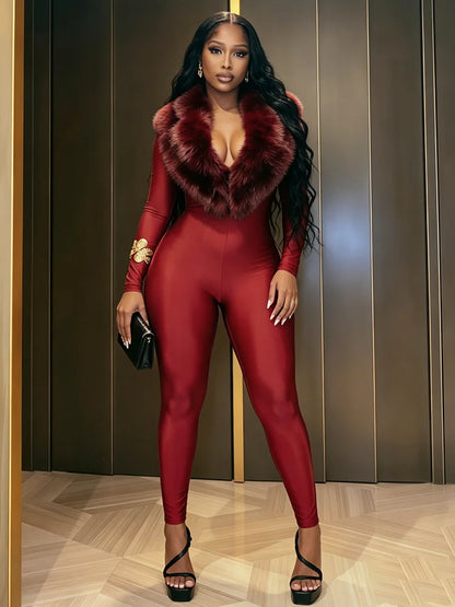Weird Puss Plush Patchwork Jumpsuits Woman Autumn Trend Low-Neck Full Sleeve Skinny Stretch Midnight Club Party Fashion Overalls