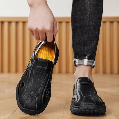 Men Sandals New Hollow Leather Casual Comfortable Trendy Beach Shoes Outdoor Walking Non Slip Bag Toe Walking Shoes for Men