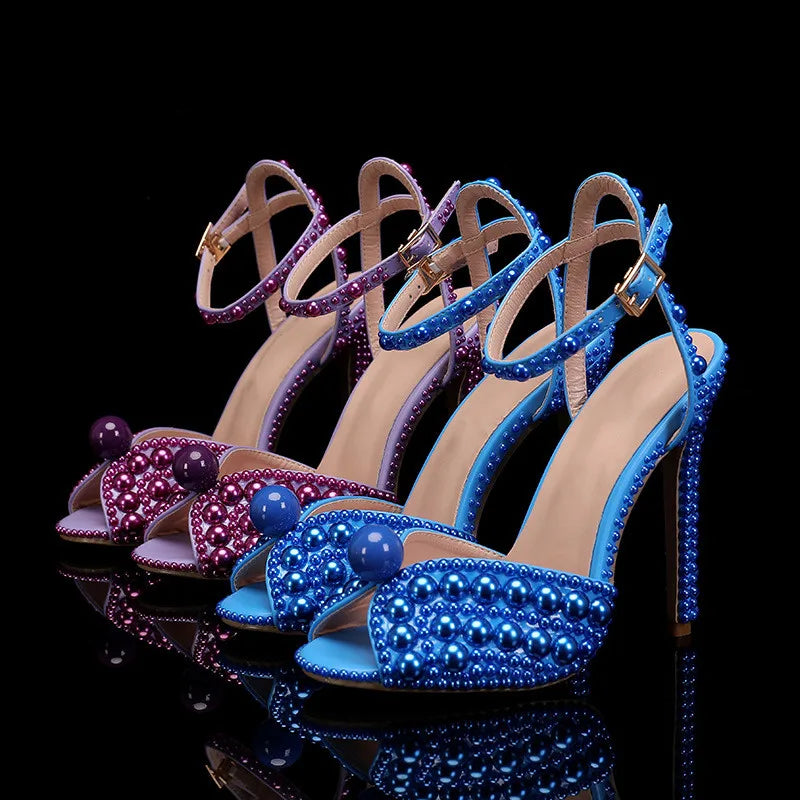Luxury Handmade Pearl Peep Toe Women Sandals Fashion Summer Wedding Princess Thin High heels Elegant Party Prom Bridal Shoes