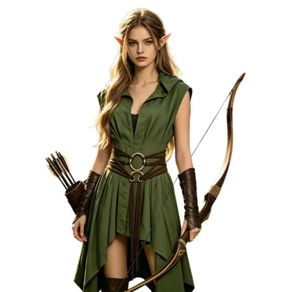 Cosplay Costume Women Irregular Hem Renaissance Elf Tunic Robe Medieval Ranger Hooded Sleeveless Cloak Belt Witch Hunter Show
