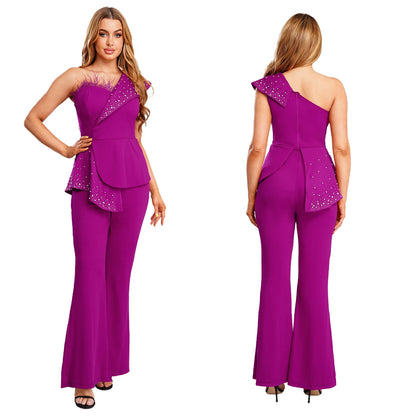 Womens Elegant Wedding Party Jumpsuit Shiny Beads One Shoulder High Waist Rompers Club Evening Banquet Birthday Formal Bodysuit