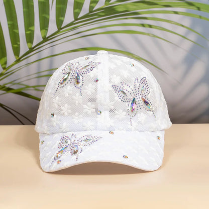 Fashion Women Spring Summer Baseball Caps Breathable Rhinestone Butterfly Hats Lace Hollow Caps