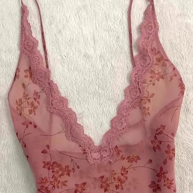Summer Woman Floral Halter Lace Blouse Vintage Sexy Slim Fairy Korean Fashion Female Tops Outfits Elegant Style Camisole Vest