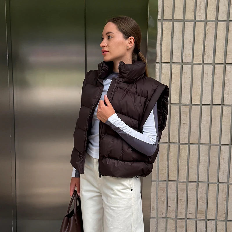 Detachable Sleeve Hooded Quilted Jackets 2026 Winter Ladies Solid 2-in-1 Zippers Waistcoat Cotton Coats Women's Warm Outwear
