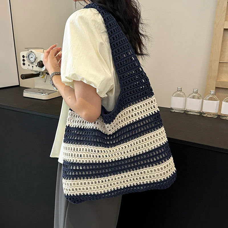 Wool Plush Woven Women Shoulder Bags Ladies Stripe Designer Knitted Braid Handbags Tote Summer Beach Shopper Purses
