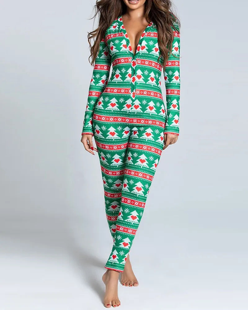 Sexy Pyjama Women's Long Sleeves Homewear Suit Button-Down Front Back Butt Bum Open Ass Flap Jumpsuit Loungewear Christmas Print