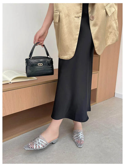 2026 Summer Luxury Fashion Designer Slippers Women Lace Mesh Square Toe Slip On Mule Slippers Low Heel Sandal Casual Shoes Muje