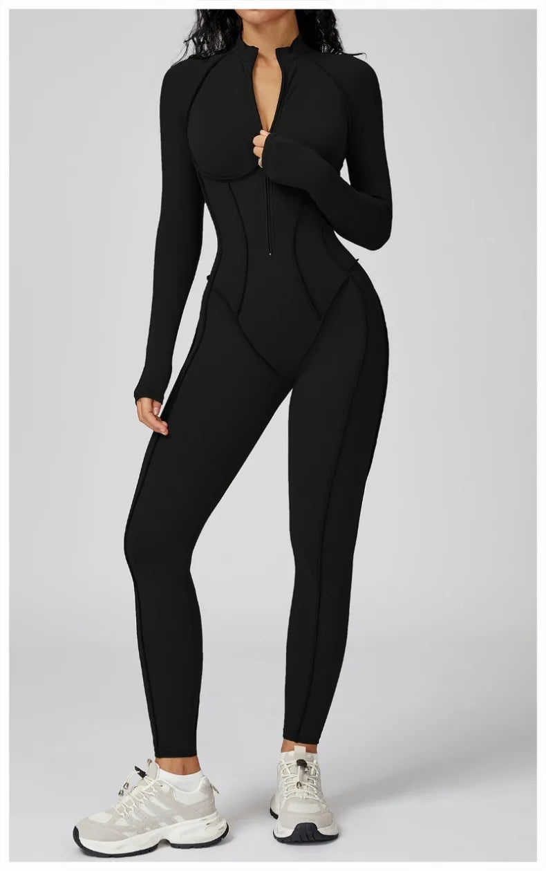 Women's New Sports Bodysuits Fitness Jumpsuit Slim Zipper Neck Sexy Splice Elasticity Jumpsuit Female Gym One Piece Sportswear