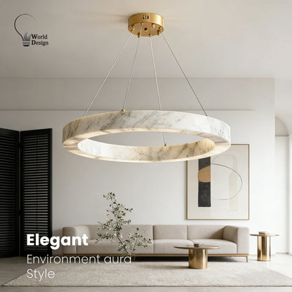 Round Faux Marble Chandelier Lights for Living Room Dining Room Resin Marble-effect Hanging Pendant Lamp Ring for High Ceiling