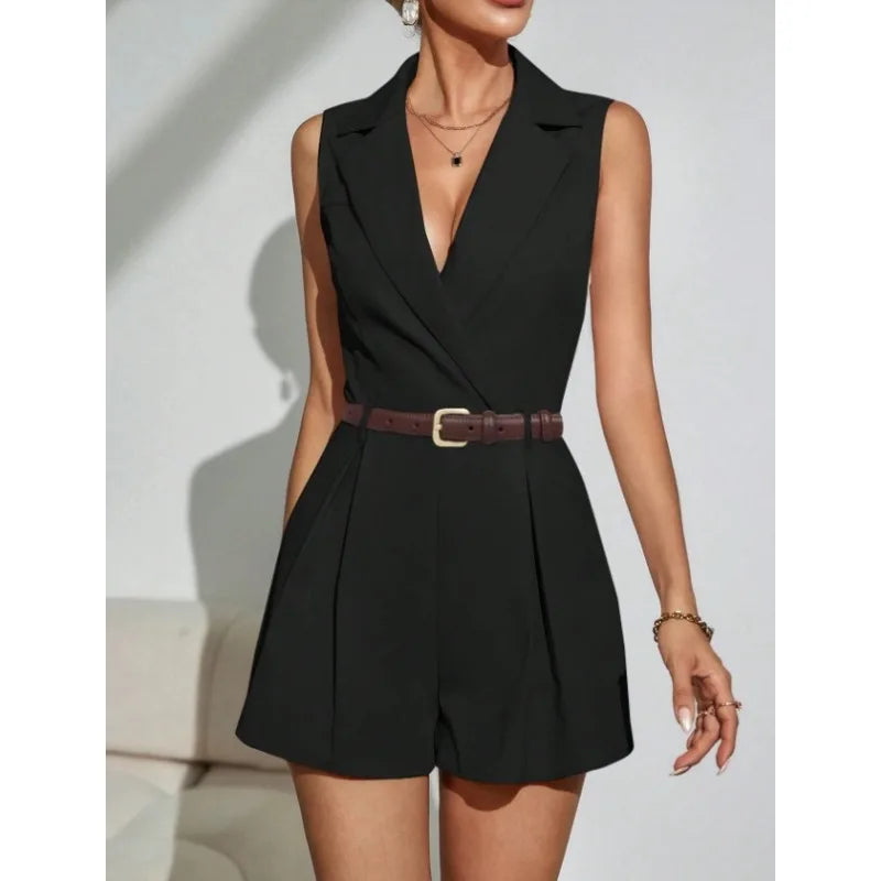 Women's Sleeveless V-Neck Blazer Romper Summer High Waist Pleated Shorts Jumpsuit Office Lady Elegant Suit Playsuit With Belt
