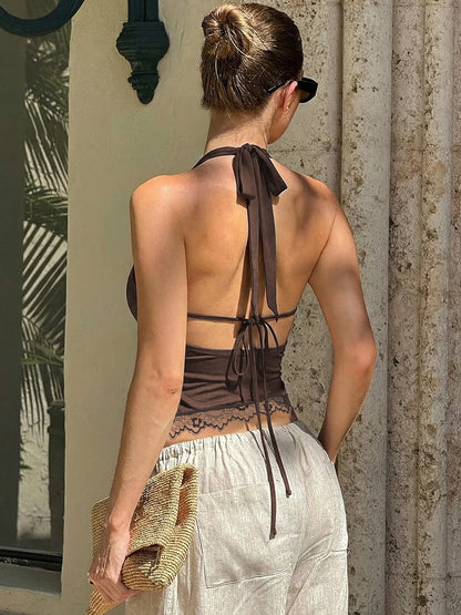 Dulzura Summer Fashion Sexy Halter Backless Lace Up Lace Ruffles Swinging Collar Vest Women'S Casual Y2K Top Party Club Clothes