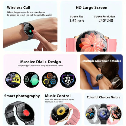 2026 New Smart Watch 1.52" HD Display Bluetooth Call Fitness Tracker Heart Rate Monitor Remote Camera Music Control Gift Sport