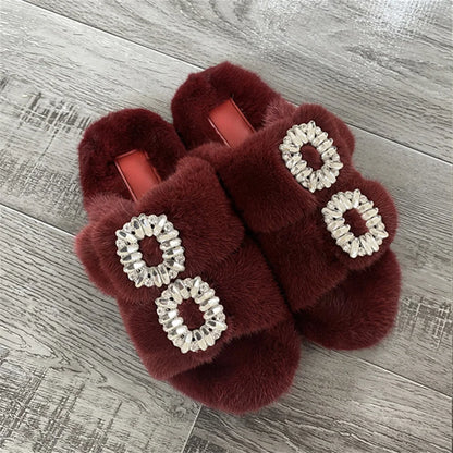 2025 New Women Fur Slippers Shoes Women Warm Winter Crystal Fur Shoes For Women Slippers Casual Plush Comfortable Mink Slippers
