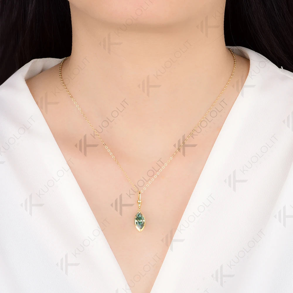 Kuololit 2CT Cyan Moissanite Marquise Necklace for Women14K 10K 925Sliver Yellow Gold Pendant with Chain for Party Classic Gift