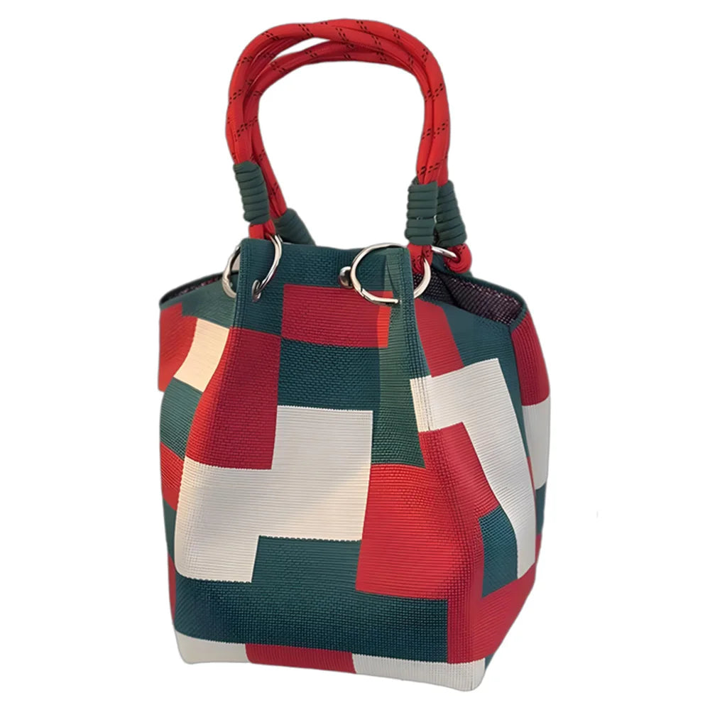 Women's Color Block Knit Tote Bag Bucket Bag Storage Bag with Adjustable Straps & Metal Rings Snap Closure for Casual Travel