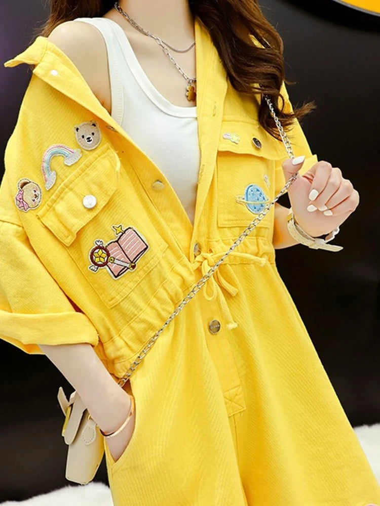 Denim Jumpsuits Loose Korean Style Casual Short Sleeve Playsuits One Piece Outfits Women Clothing Lace-up Waisted Wide Leg Pants