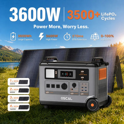 OSCAL PowerMax 3600SE Portable Power Station, 3600Wh LiFePO4 Battery, Solar Generator optional 400W Solar Panel, 3600W (Surge 7200W) Fast charging Home Backup Battery, Power Supply for Camping, RV