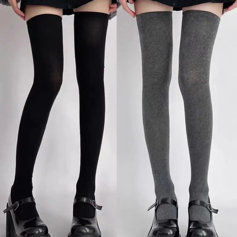 1pair Women Cotton Over Knee High Socks 80cm Lengthened High Over Knee Stockings Black White Soild Color Long Warm Knee Socks