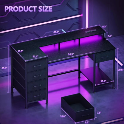Gaming Computer Desk with Power Outlets, LED, 5 Drawers