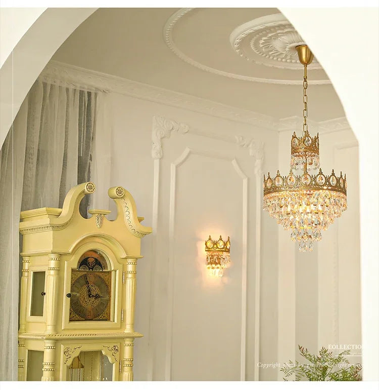 Modern Luxury Chandelier LED Crystal Vintage French Pendant Lamps for Living Dining Table Room Golden Crown Lighting Home Deocr