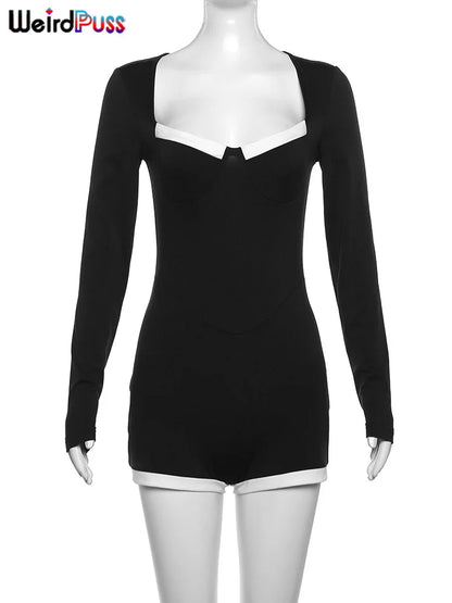 Weird PussWhite Edging Playsuit Women 2025 Spring Square Collar  Skinny Stretch  Long Sleeve Romper Streetwear Tight Overalls