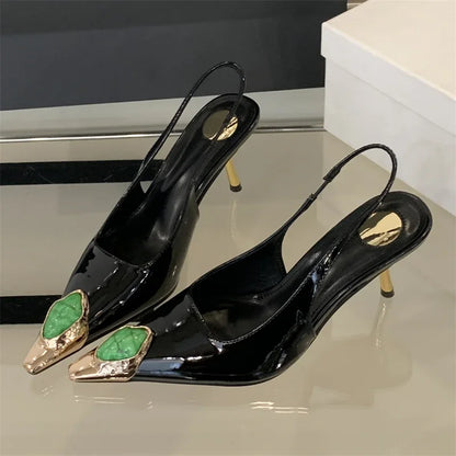 Aneikeh Street Style Design Metal Square Head Diamonds Woman Pumps Sandals Elegant Sexy Low-heel Banquet Prom Slingbacks Shoes